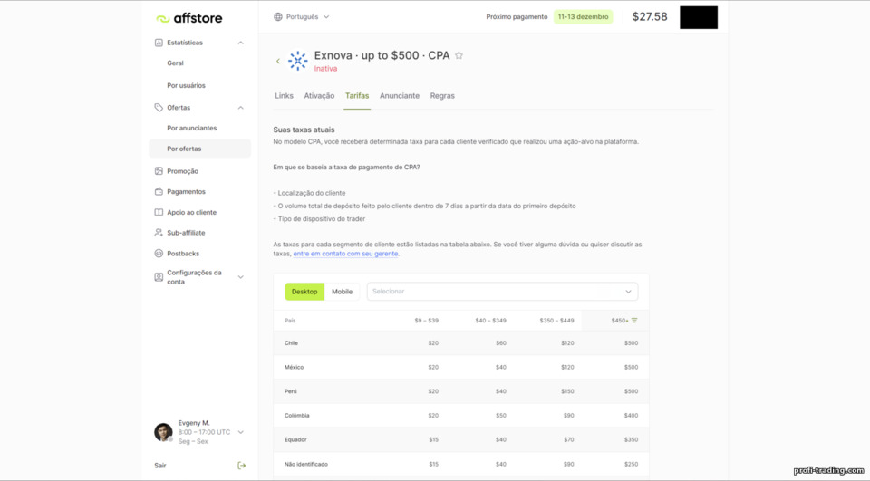 Oferta Exnova CPA no programa de afiliados Affstore
