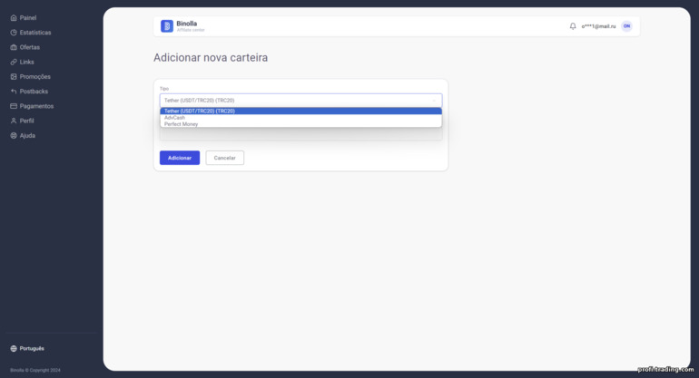 adicionando um método de pagamento no programa de afiliados Binolla