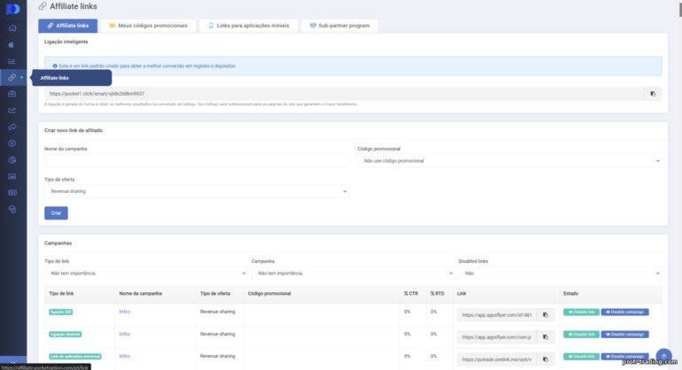 Links de afiliados no programa de afiliados Pocket Option