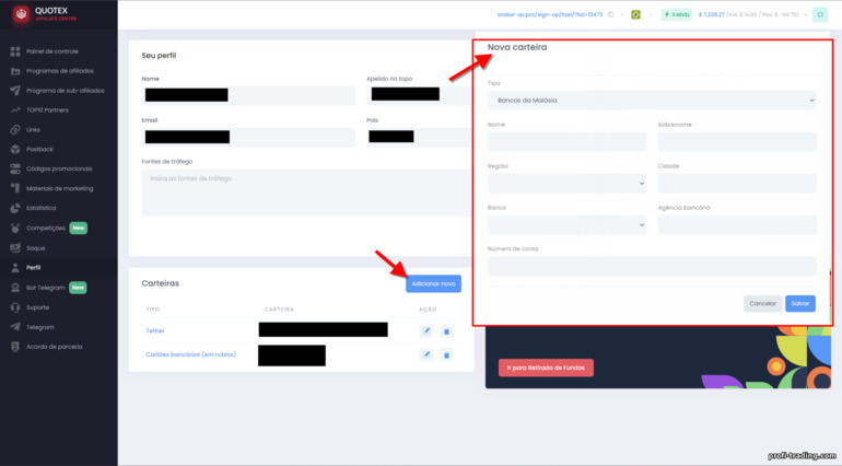 Adicionando um método de pagamento no programa de afiliados Quotex
