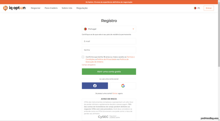 Formulário para registrar uma conta de negociação na corretora IQ Opti