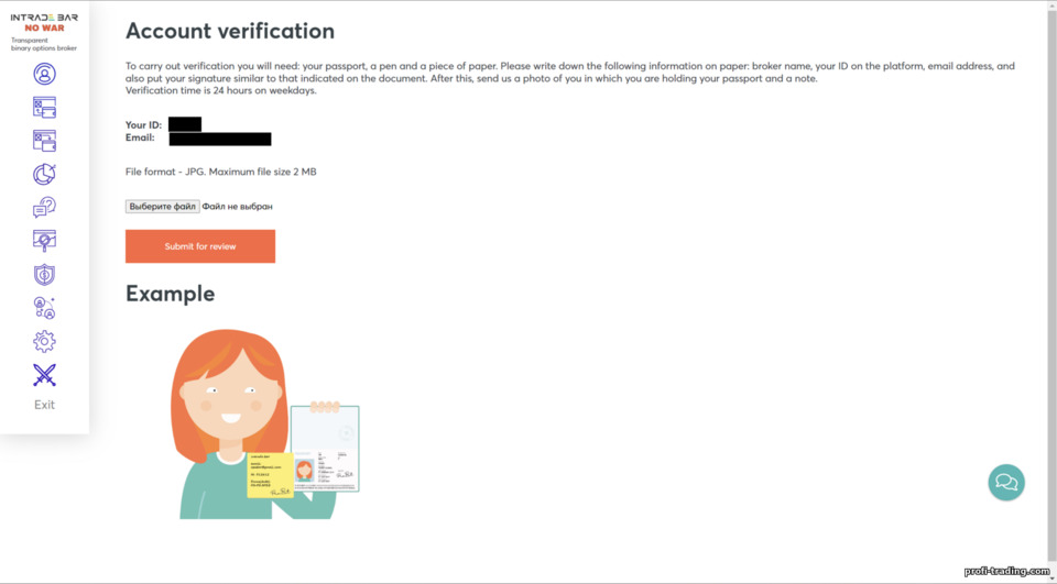 O procedimento para verificação de conta na corretora Intrade Bar