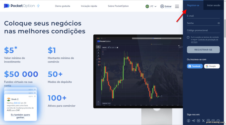 Registro na corretora Pocket Option