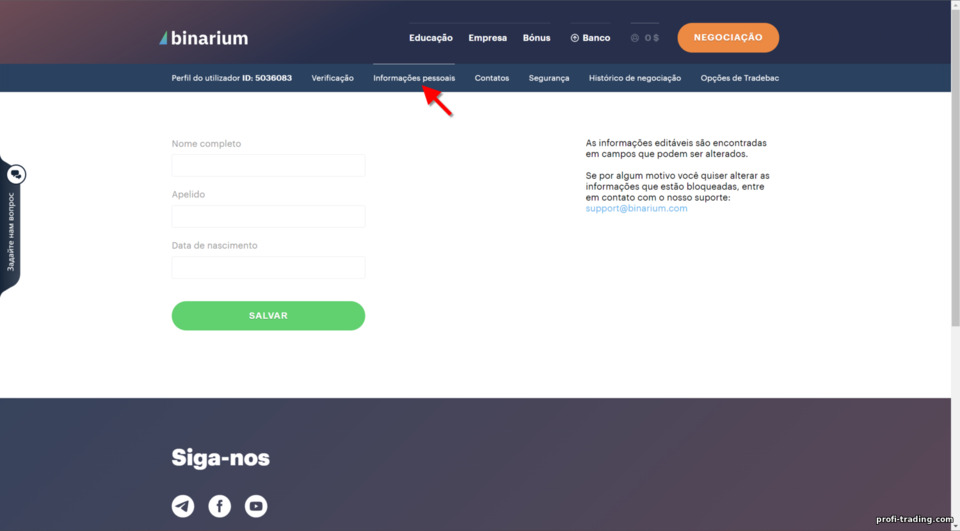 Informações pessoais do corretor Binarium Informações pessoais do corretor Binarium
