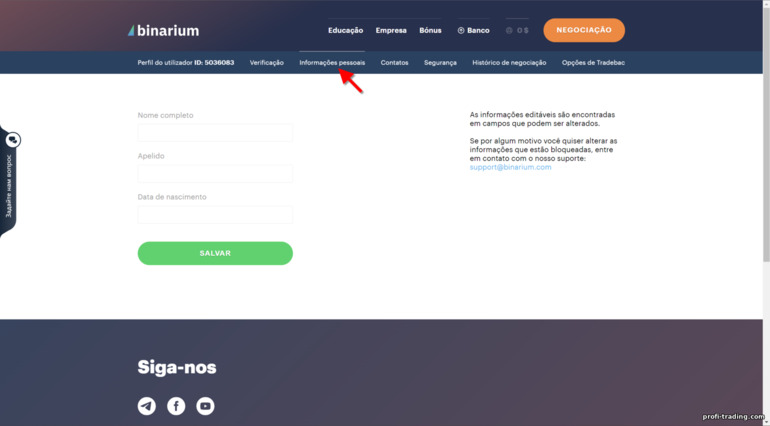 Informações pessoais do corretor Binarium