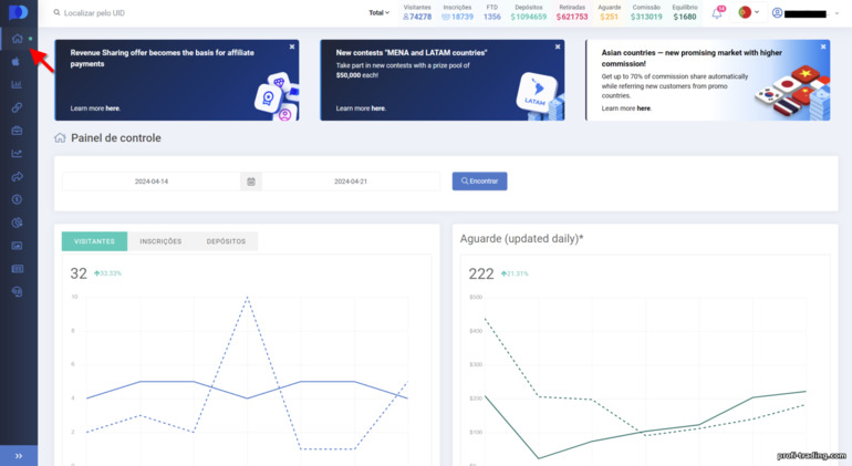 Estatísticas resumidas no programa de afiliados da opção Pocket