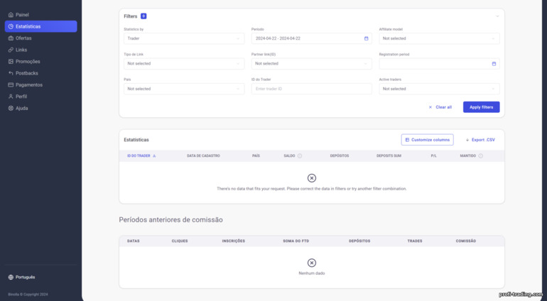 filtros nas estatísticas do cliente na corretora Binolla