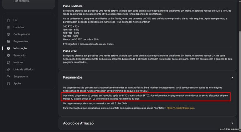 Afiliados BinTrade: condições de pagamento