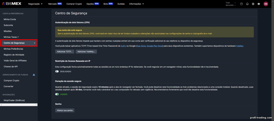 Configurações de Segurança BitMex Configurações de Segurança BitMex