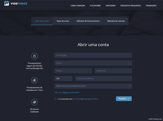 Cadastro de Conta no VideForex