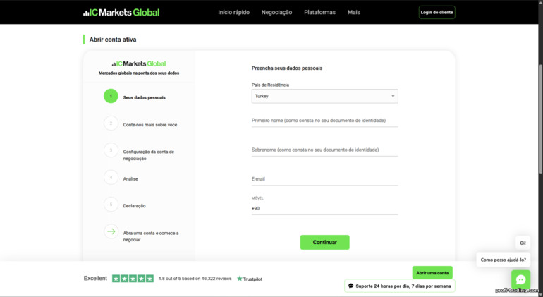 Registro de conta de negociação na IC Markets