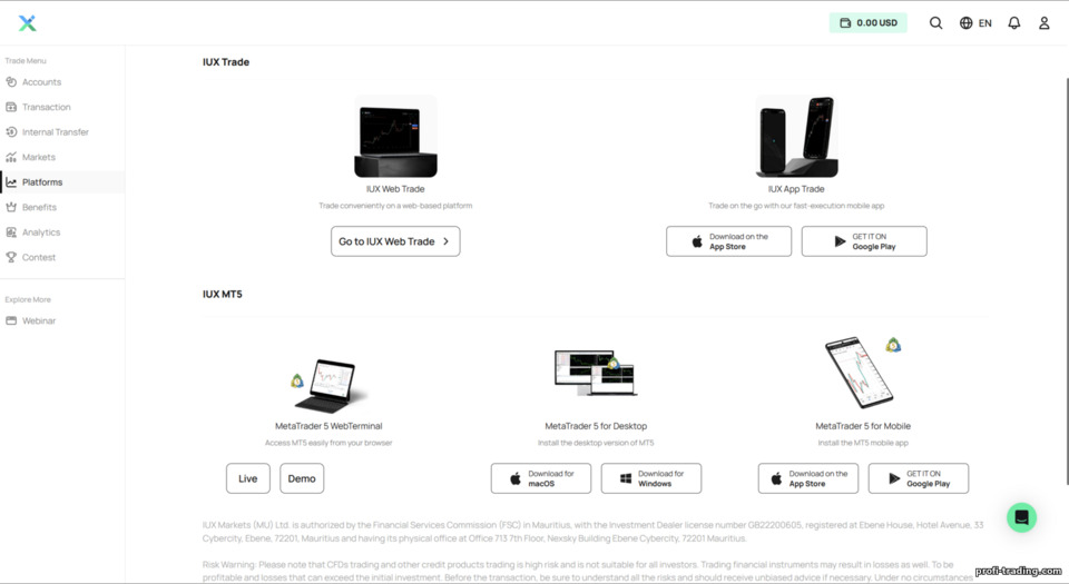 Plataformas de negociação da IUX