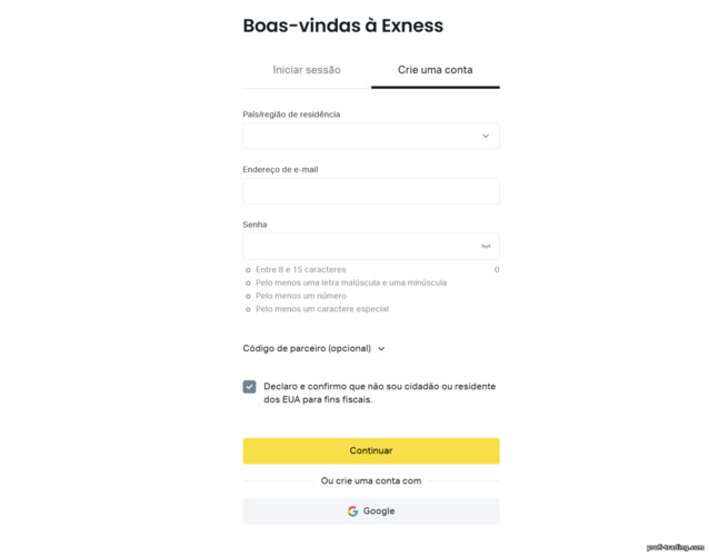 Registro de conta de negociação na Exness