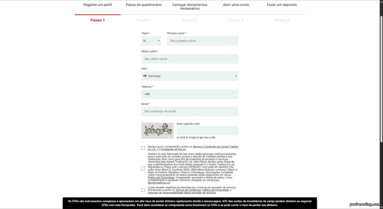 Formulário de registro de conta Instaforex