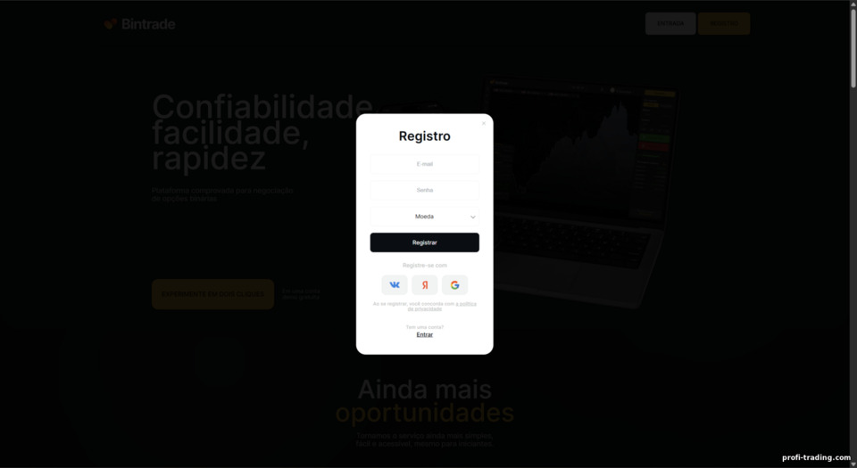 BinTrade: cadastro de conta BinTrade: cadastro de conta