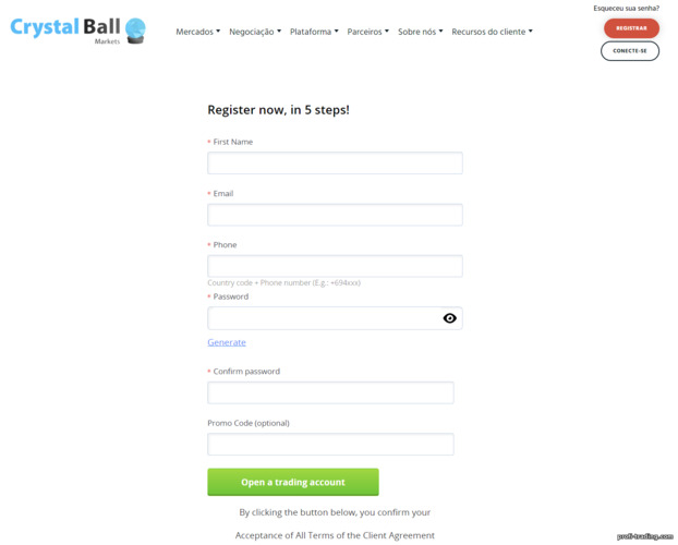 Cadastro de Conta no Crystal Ball Markets