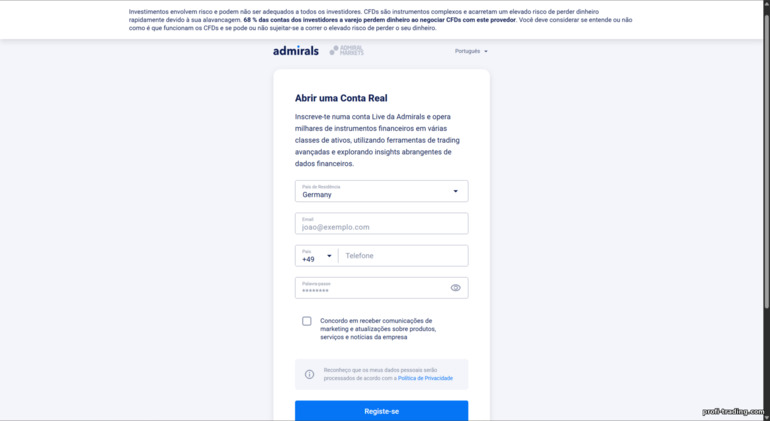 Admirals: cadastro de conta Admirals: cadastro de conta