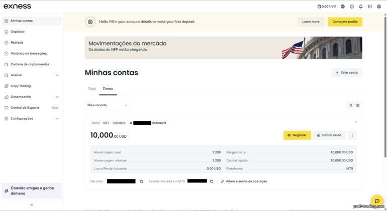 Conta de negociação Exness
