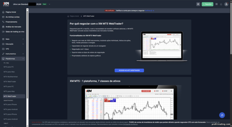 Negociação pela plataforma web da XM Negociação pela plataforma web da XM