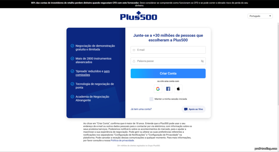 Plus500: cadastro de conta de negociação