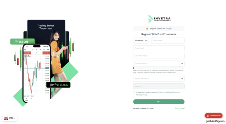 Formulário de registro de conta Invetra