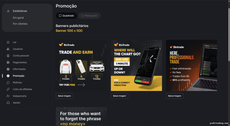 Afiliados BinTrade: materiais promocionais