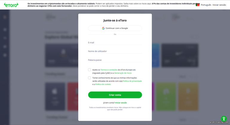 eToro: formulário de cadastro eToro: formulário de cadastro