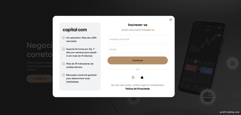 Formulário de registro de conta na Capital.com