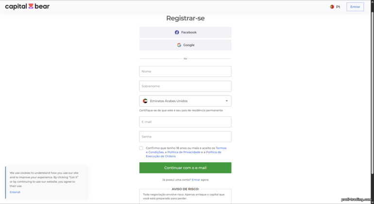 Formulário de registro de conta na Capital Bear