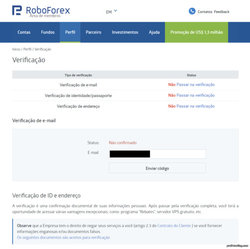 Verificação de Conta no RoboForex