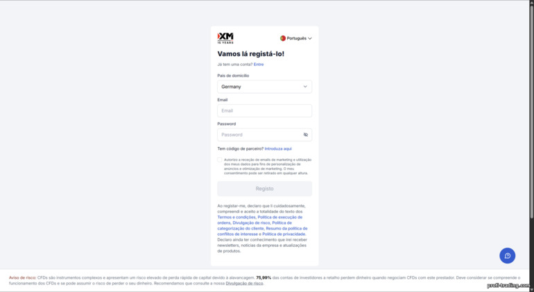 Formulário de registro de conta XM Formulário de registro de conta XM