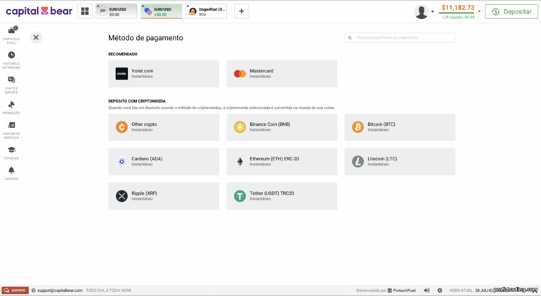 Métodos de depósito na conta Capital Bear