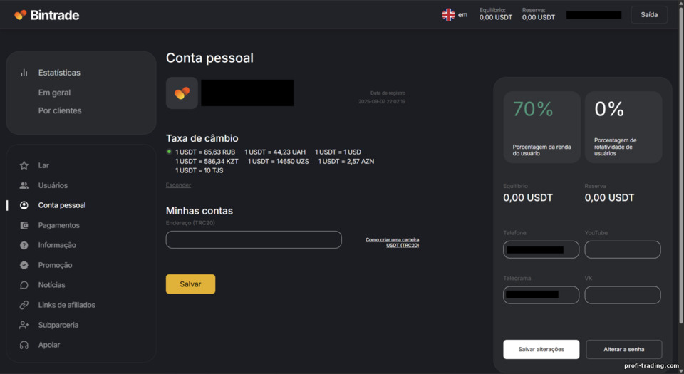 Afiliados BinTrade: configurações da conta Afiliados BinTrade: configurações da conta