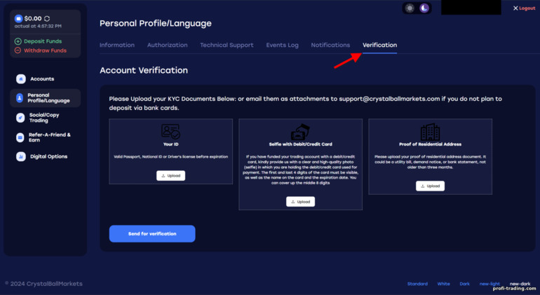 Verificação de Conta no Crystal Ball Markets